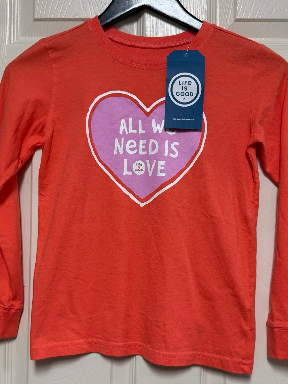 Life Is Good Orange-Red Long-Sleeve Tee with Pink Heart Graphic